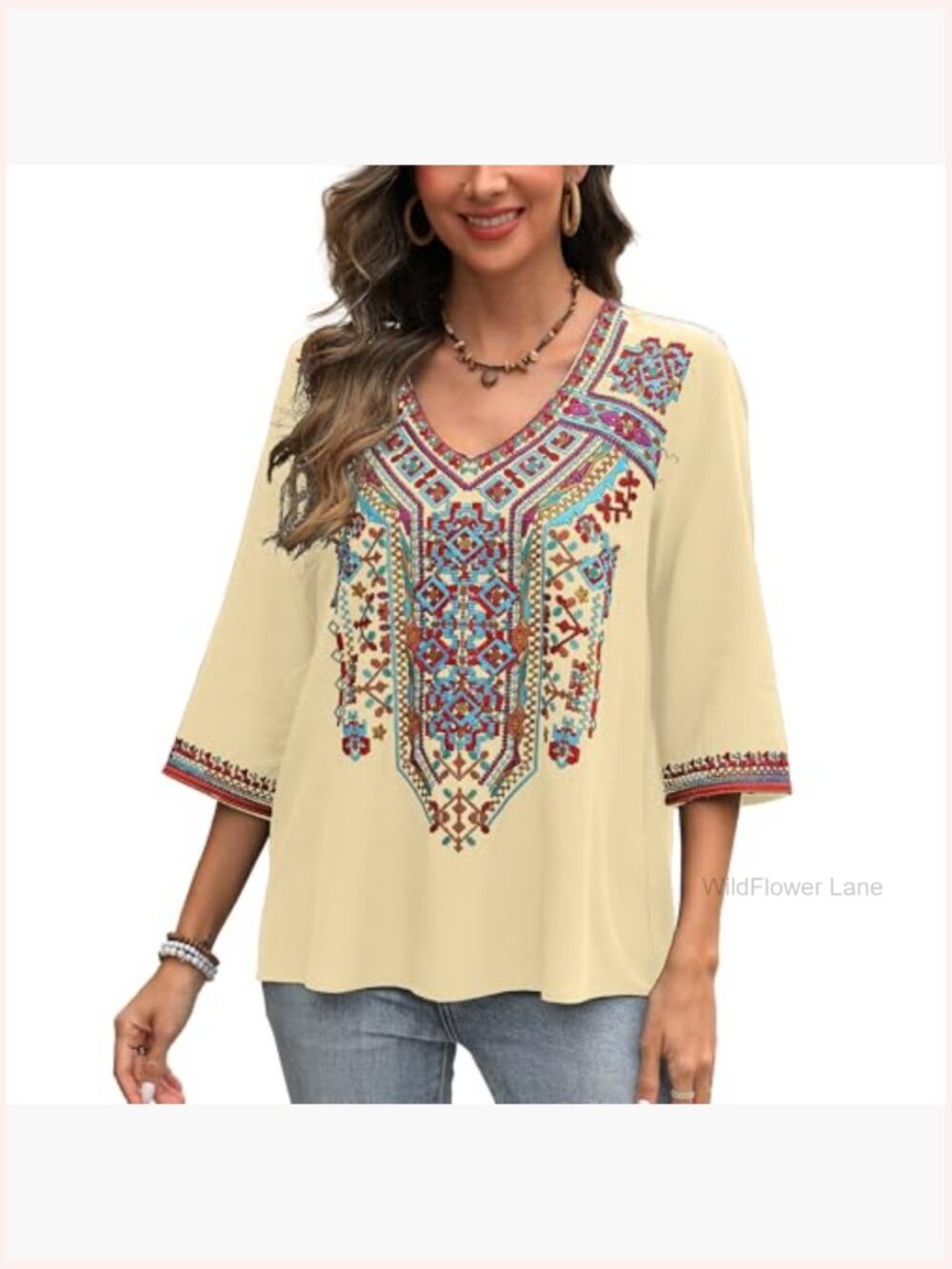 Boho Embroidered V-Neck Tunic Blouse Peasant Hippie Top - Picture 2 of 6